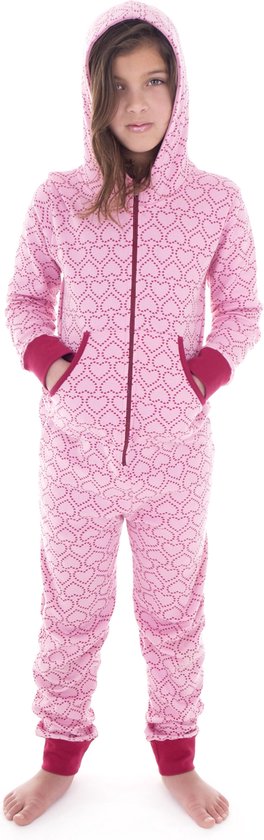 Zoïzo - Extra warme roze meisjes jumpsuit/onesie met lange mouw en hartjes  print 110/116 | bol.com