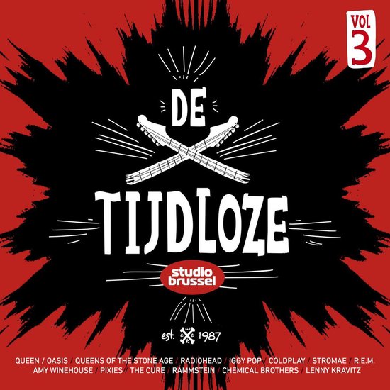 Pochette noire avec fond rouge explosif. Titre "De Tijdloze Vol. 3" et manches de guitare. Noms d'artistes en bas.