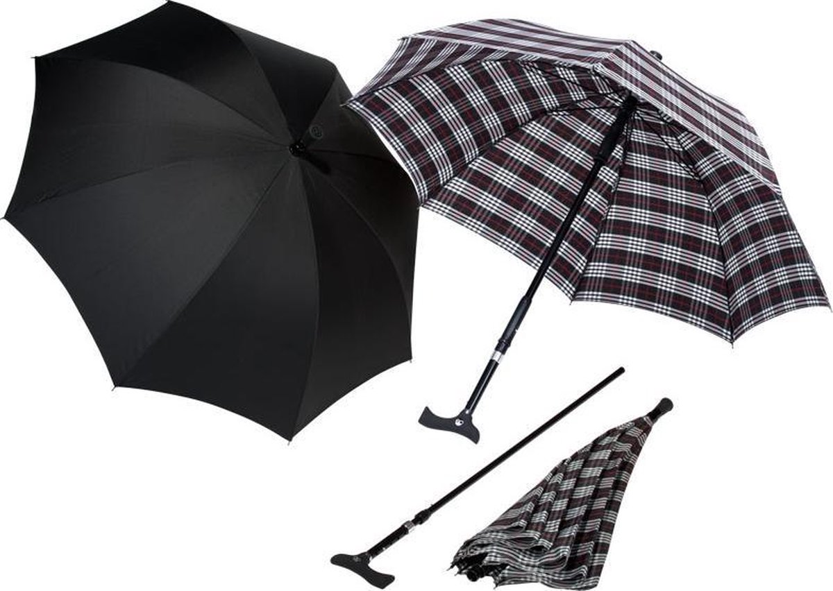 Ossenberg Twin paraplu-wandelstok (zwart/wit/rood geruit)