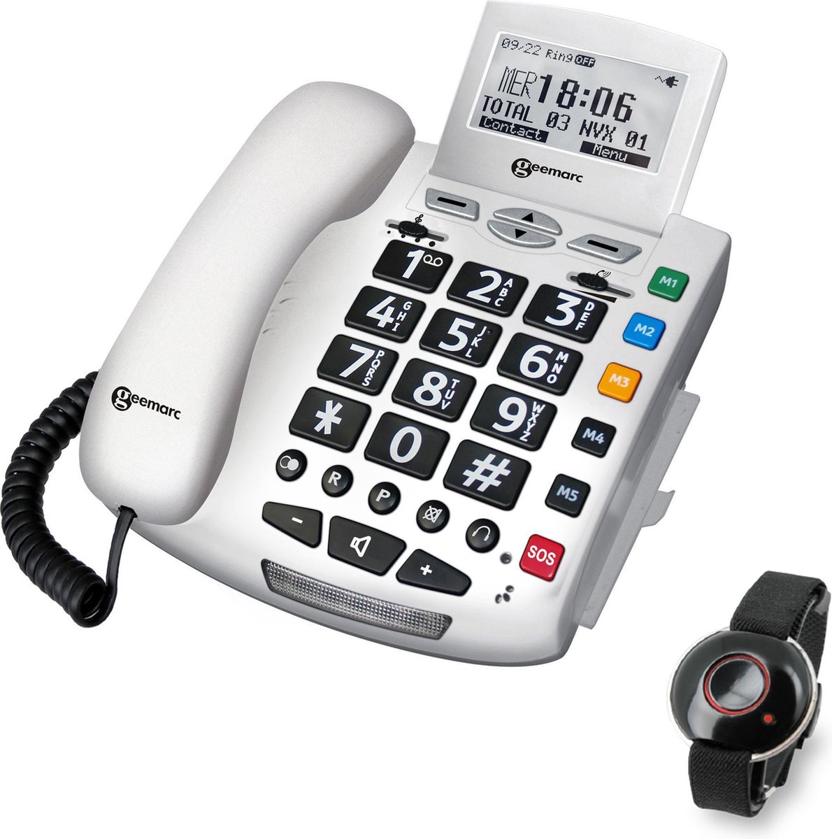 GEEMARC SERENITIES telefoon met draagbare VAL-DETECTOR (Man-Down). Met nummerweergave en 30 dB GELUIDSVERSTERKING geschikt voor SLECHTHORENDEN en SLECHTZIENDEN