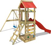 WICKEY speeltoestel klimtoestel FreeFlyer met schommel en rode glijbaan, outdoor speeltoestel voor kinderen met zandbak, ladder en speelaccessoires voor de tuin