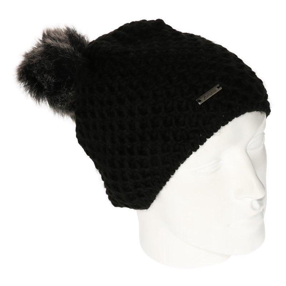 Gebreide beanie muts zwart met nep bont pompon voor dames | bol.com