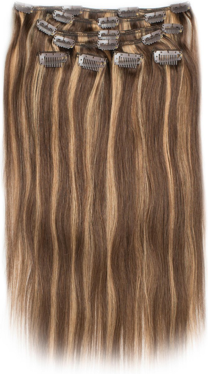 Clip in Extensions, 100% Human Hair Straight, 22 inch, kleur #4/27 Chocolate Brown/ Dark Blonde