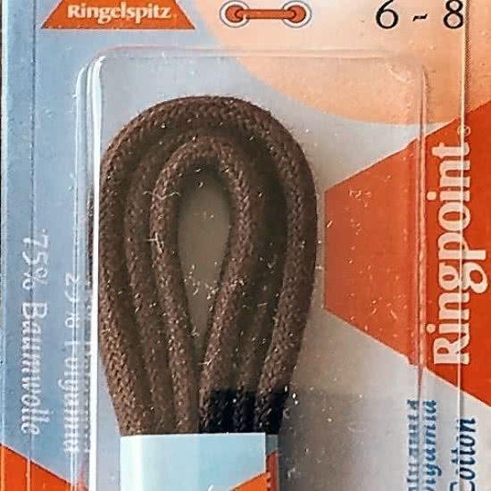 Dunne, ronde, donkerbruine schoenveters, Close-up met "Ringpoint" logo.