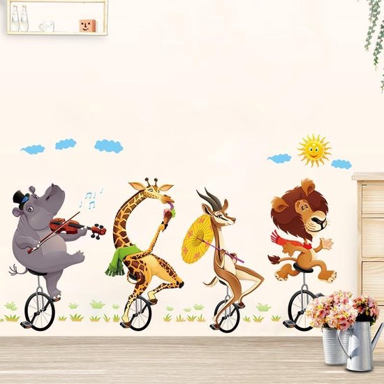 Muursticker Kinderkamer XL Vrolijke  Fietsende Dieren Op Eenwieler  - Dieren Nijlpaard / Giraffe / Hert / Leeuw - Babykamer