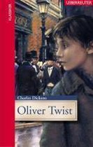 Boekomslag van Oliver Twist door Charles Dickens, met een illustratie van een jongen op straat in Victoriaans Londen.