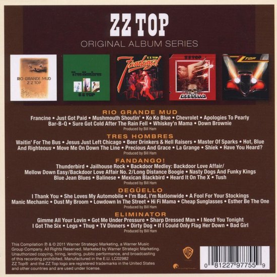 De voorkant van de ZZ Top Original Album Series CD-hoes toont vijf kleine albumhoezen: Rio Grande Mud, Tres Hombres, Fandango!, Degüello en Eliminator.