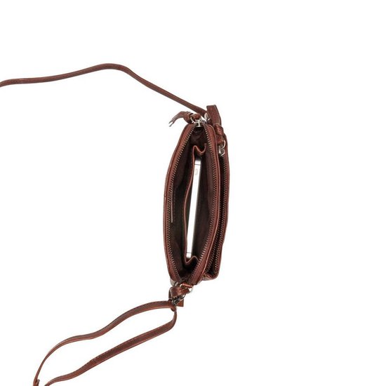 Bruine leren tas geopend met een telefoon erin.
