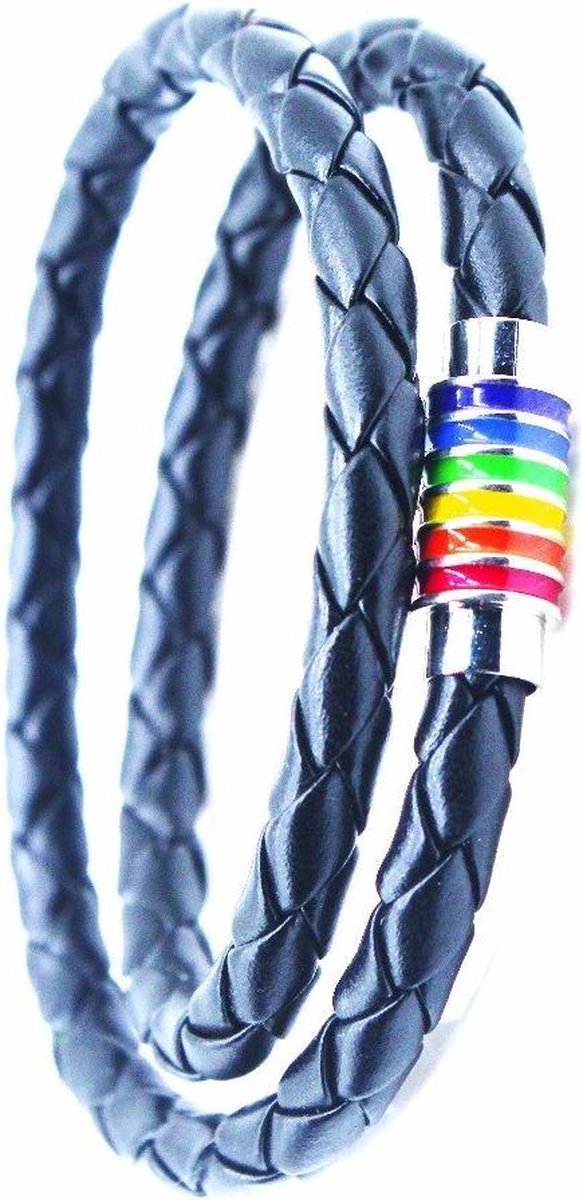 Mea* Rainbow-regenboog Gay pride dubbel armband leer zwart