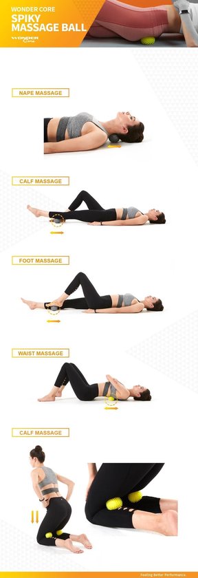 Illustratie met stekelige massageballen voor nek-, kuit-, voet- en taille massage.