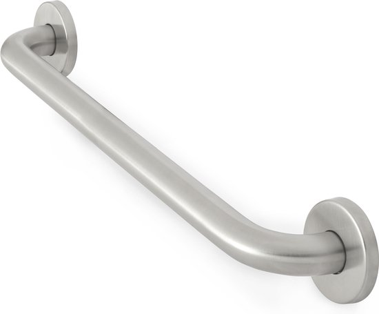 Een geborstelde RVS wandbeugel van 30 cm lang, met een gebogen greep en twee ronde muurbevestigingen.