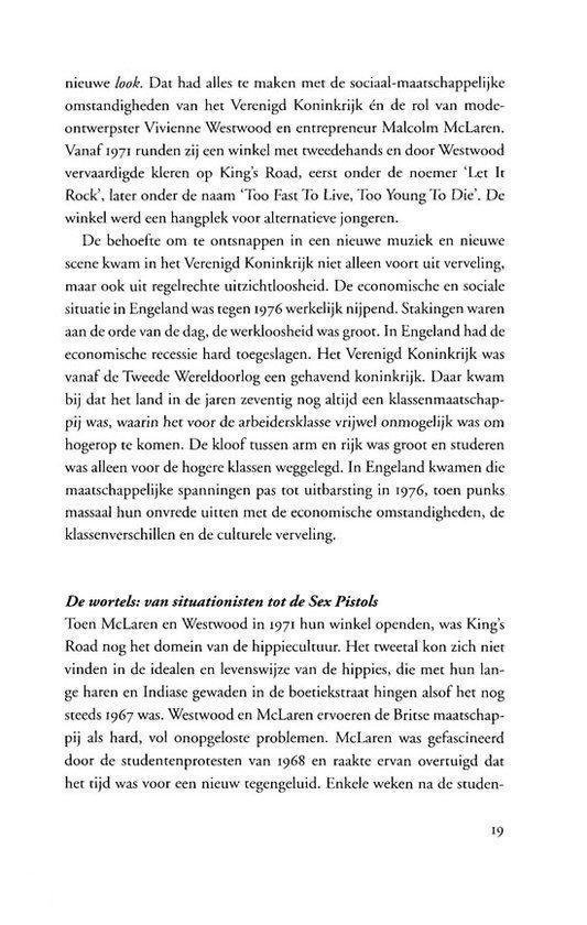 Pagina met tekst over de punkmode van Vivienne Westwood en Malcolm McLaren, King's Road en de sociale context. Pagina 19.