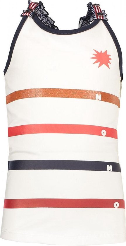 Witte singlet met horizontale strepen in koper, rood en donkerblauw. Met ruches bandjes en een rode sterprint.