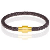 Memphis armband leer met edelstaal Donkerbruin Goudkleurig-21cm