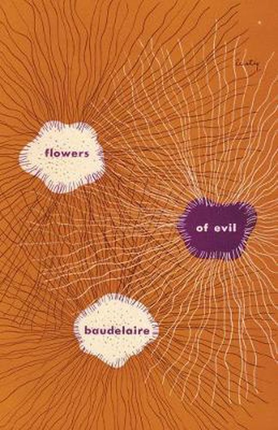 Couverture de livre avec le titre "flowers of evil baudelarie" sur fond orange avec des touches de blanc et de violet.