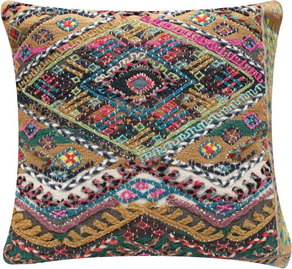 Rocaflor kussen wol katoen ethnic ruit multikleuren 50x50 cm