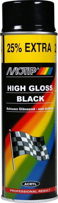 Aérosol de laque noire brillante Motip. Avec 25% de contenu en plus et un drapeau de course.