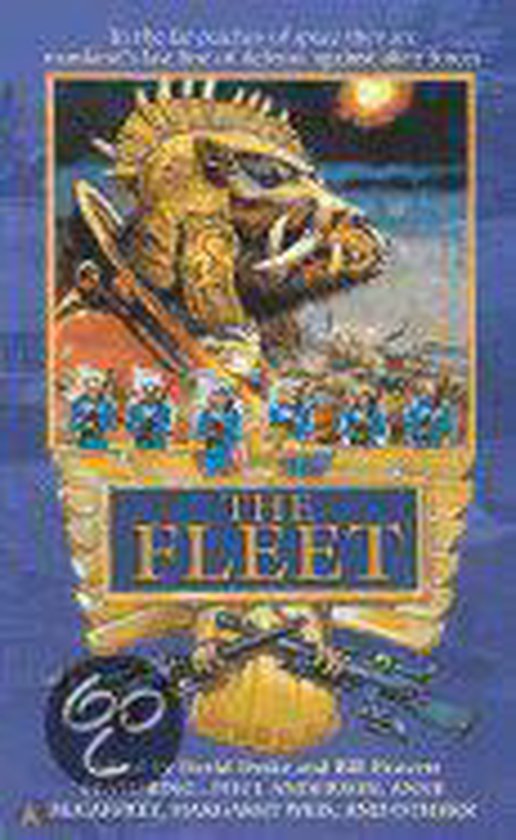 Boekcover met de titel 'THE FLEET'. Een beestachtig monster met slagtanden en een helm staat boven een rij soldaten. Goudkleurige decoraties en wapens.