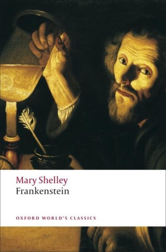 Boekomslag van Mary Shelley's Frankenstein, met een schilderij van een man die een fles vasthoudt.