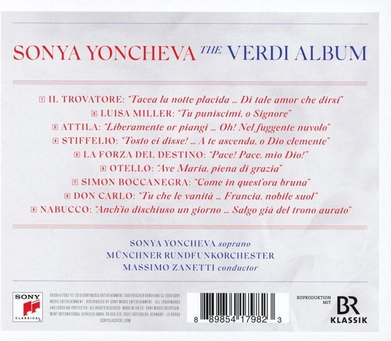Achterkant van 'The Verdi Album' van Sonya Yoncheva met tracklist en logo's.