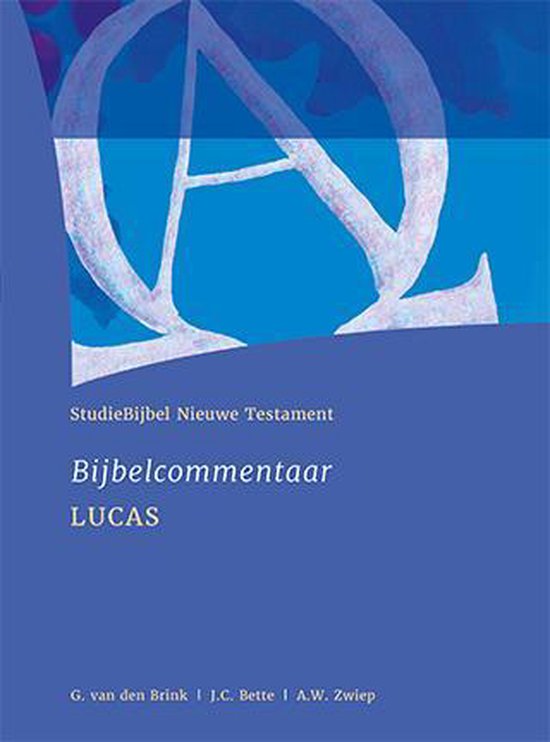Boek "StudieBijbel Nieuwe Testament Bijbelcommentaar LUCAS" met de letters Alpha en Omega op de blauwe omslag.