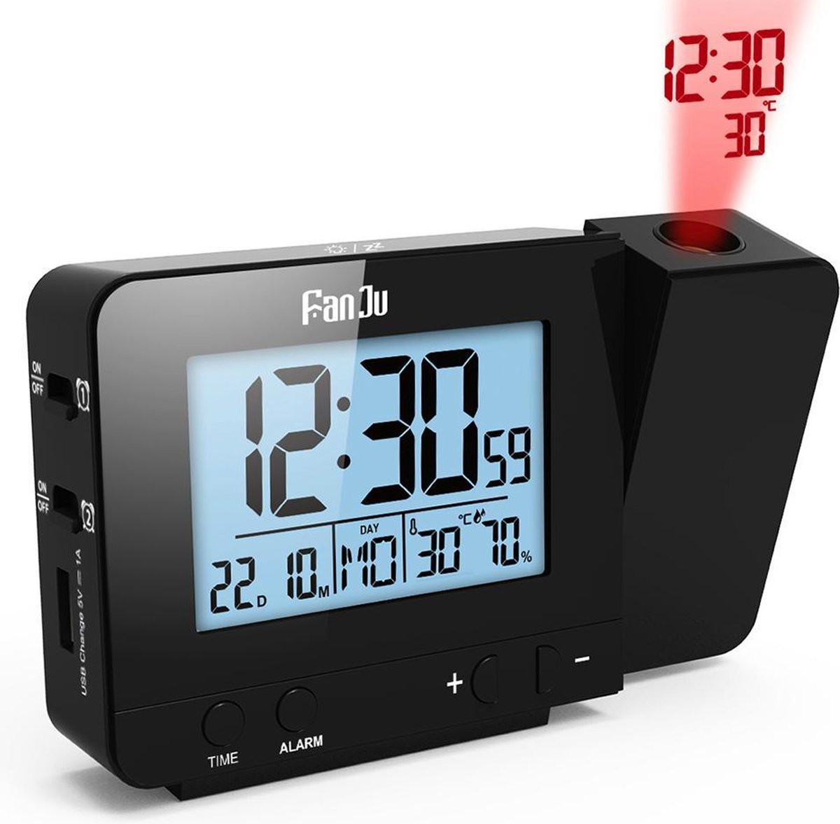 Fanju Projectie wekker - Wekker/alarm - Multifunctioneel - Wekker met Projectie - Wekker Alarm met Snooze - LED alarm - op Netstroom - Zwart