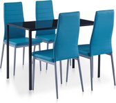 Complete Eettafel blauw set 5 delig met glazen tafel (Incl Dienblad) - Eet tafel + 4 Eetstoelen - DIneertafel - Eettafelstoelen - Eetkamerstoelen - Eethoek 4 persoons