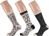 Dames fashion sokken 3-pak luipaard print beige/zwart maat 35-42