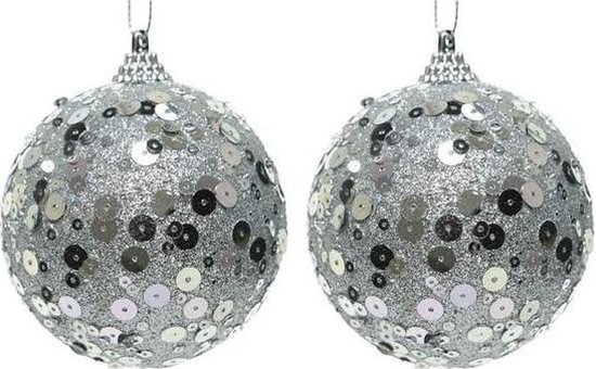 2x Zilveren glitter/pailletten kerstballen 8 cm kunststof - Onbreekbare kerstballen - Kerstboomversiering zilver