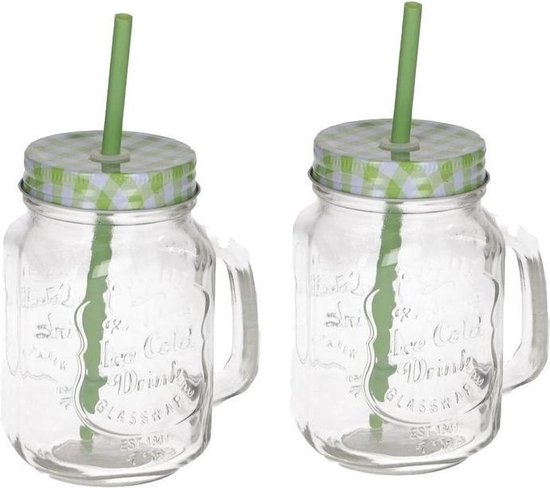 2x Mason jar drinkglas met groen deksel en rietje 500 ml - Smoothie bekers  - Mason... | bol.com