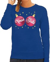 Foute kersttrui / sweater blauw met roze Xmas Balls borsten voor dames - kerstkleding / christmas outfit 2XL (44)