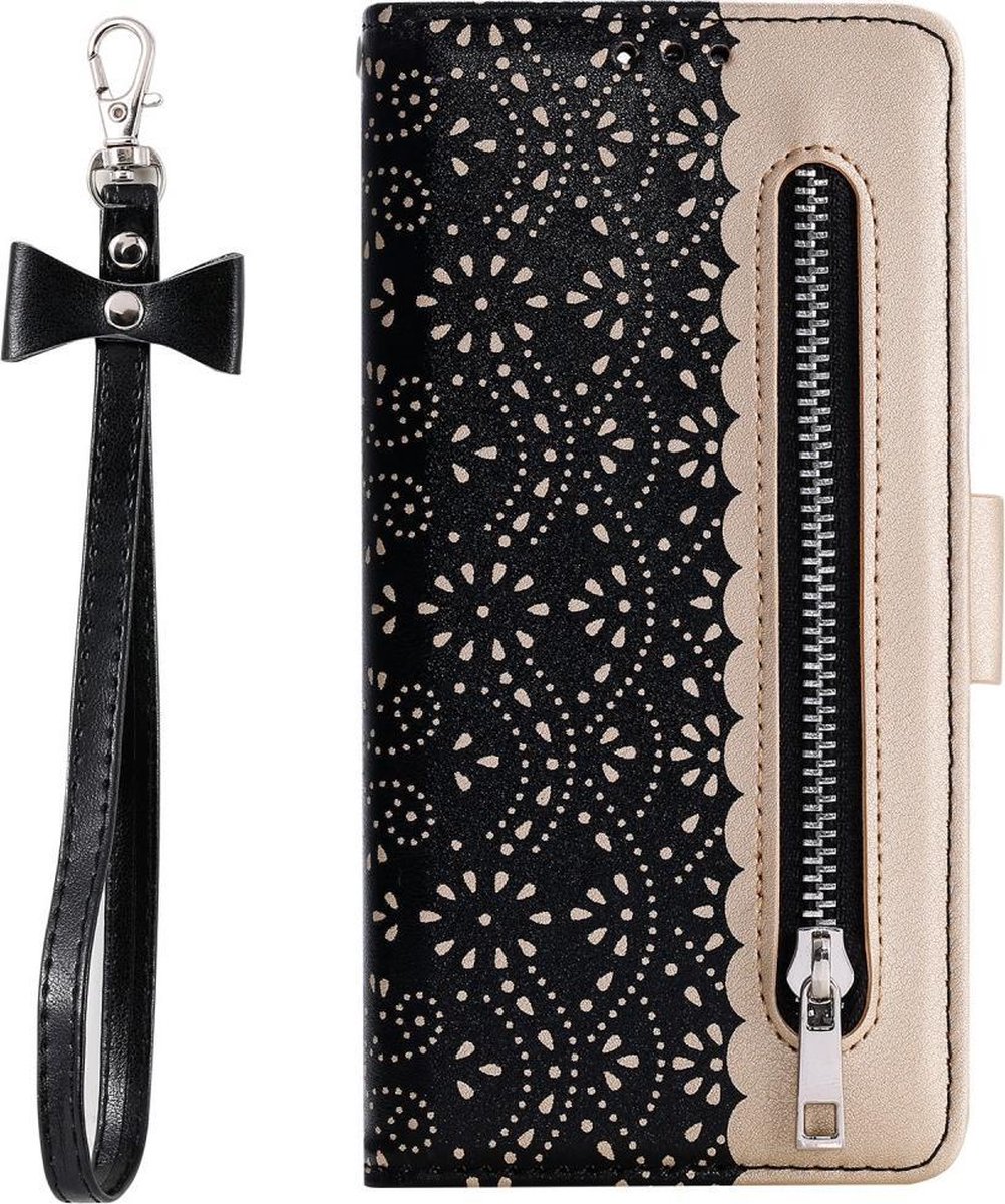 Portemonnee zwart goud wallet book-case rits hoesje iPhone 6