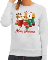 Foute Kersttrui / sweater kerstsokken met diertjes - Merry Christmas - grijs voor dames 2XL (44)