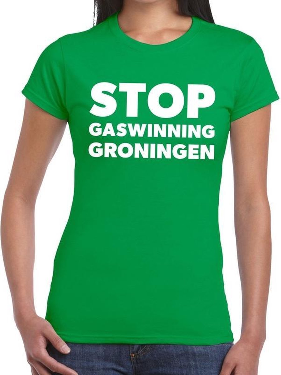 Afbeelding van product Bellatio Decorations  Groningen protest t-shirt groen voor dames -STOP gaswinningen Groningen shirt voor dames S  - maat S