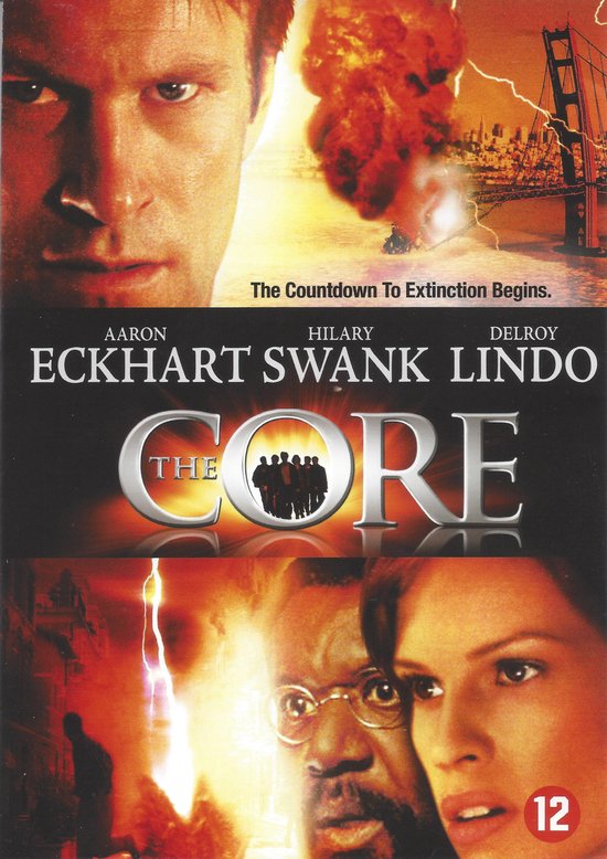 DVD-hoes van The Core met close-ups van de gezichten van de hoofdrolspelers, de titel en een explosie boven de Golden Gate Bridge.