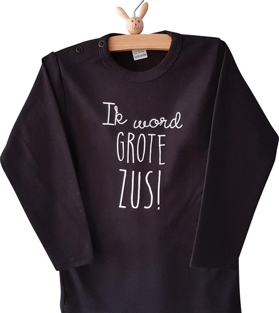 Shirt Ik word grote zus | lange mouw T-Shirt | zwart | maat 98 zwangerschap aankondiging bekendmaking Baby big sis sister