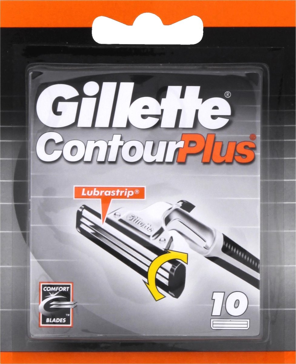 Gillette ContourPlus, 10 stuks. Met 'Lubrastrip' en 'Comfort Blades' aanduiding. Scheerkop met gele pijl.