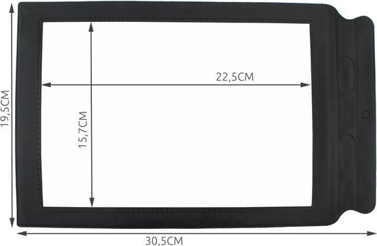 Zwarte A4-paginaloep met afmetingen: 19,5 cm x 30,5 cm en een vergrootvenster van 15,7 cm x 22,5 cm.