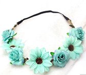 Bloemen haarband met 7 bloemen - Festival - Bruiloft - Strand Ibiza Haar Band - Turquoise
