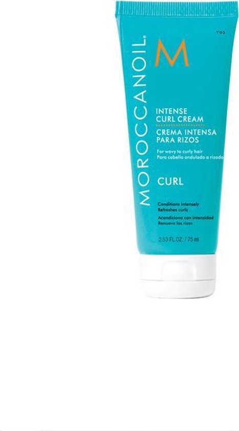 Turquoise Moroccanoil tube met 'M' logo en tekst 'INTENSE CURL CREAM'. Voor golvend tot krullend haar. 75ml.
