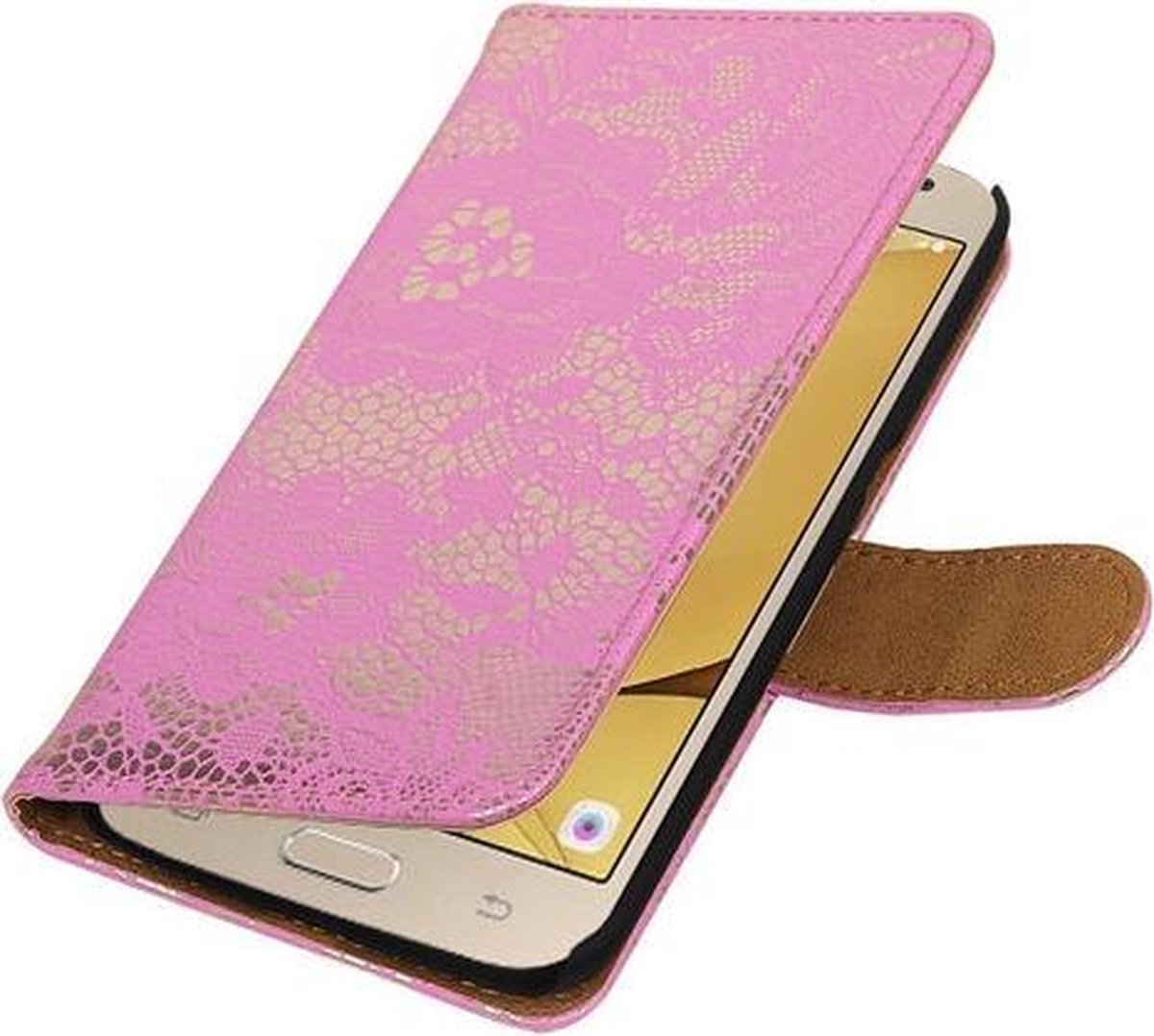 Roze Lace booktype wallet cover hoesje voor Samsung Galaxy J2 2016