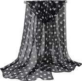 Zwarte dames sjaal met witte stippen half transparant chiffon - 50 x 160 cm
