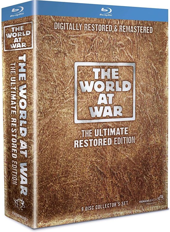 Blu-ray boxset "The World at War - The Ultimate Restored Edition", zijkant met tekst "THE WORLD AT WAR THE ULTIMATE RESTORED EDITION". De voorkant heeft een bruine, lederachtige textuur.