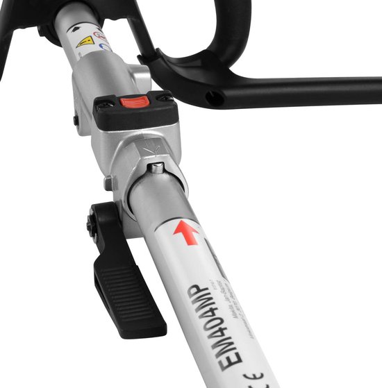 Close-up van de zilveren steel van een Makita combisysteem met rode en zwarte bedieningselementen.