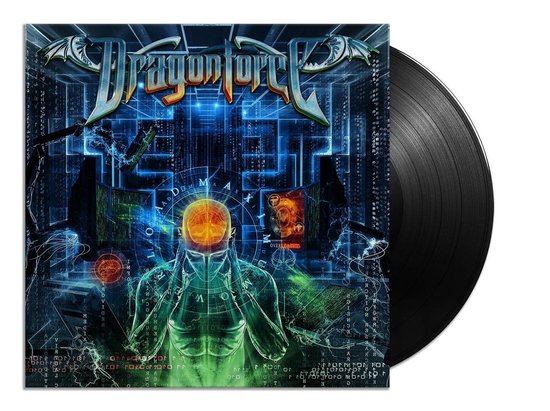 Un disque vinyle noir de Dragonforce "Maximum Overload" est posé à côté de la pochette de l'album représentant une matrice numérique et une figure translucide.