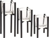 Kaarshouders - 3 stuks - glas - met zwart metalen standaard - waxinelichtjeshouders