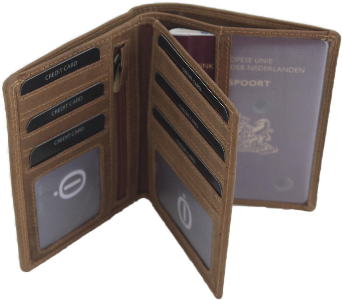 OI Hunter bruine leren Portefeuille klein voor veel creditcards / paspoorthouder met veel extra ruimte voor pasjes en contant geld / paspoortmapje met ruimte voor veel pasjes / RFID safe / Hunter bruin / 155H