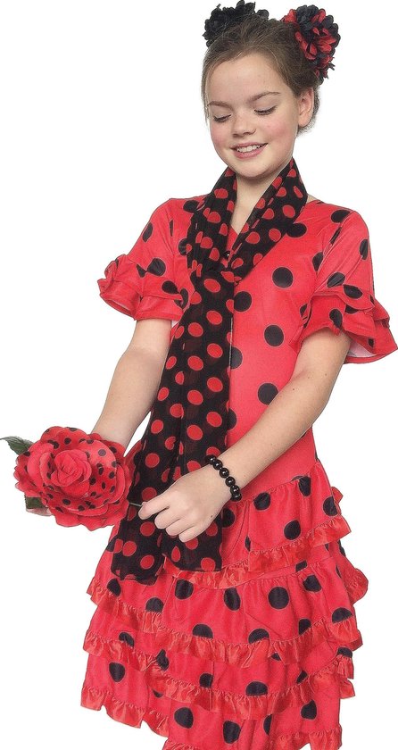 Spaanse jurk - Flamenco - Deluxe - rood zwart - kledingmaat 128/134 (10) -  verkleedkleding | bol.com