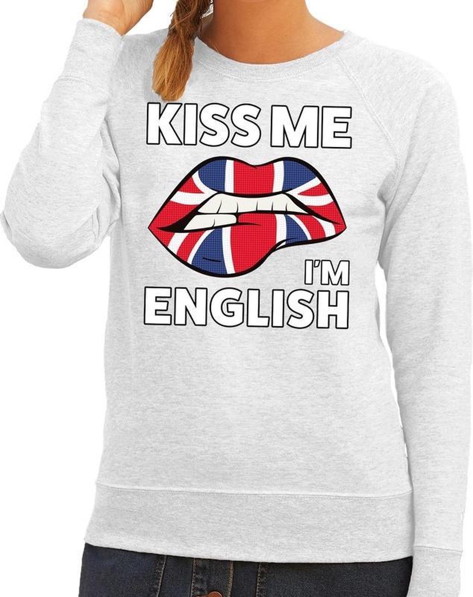 Afbeelding van product Bellatio Decorations  Kiss me I am English sweater grijs dames - feest trui dames - Engeland kleding M  - maat M