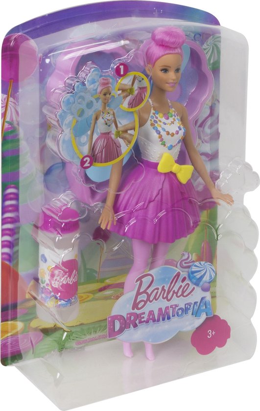 Barbie Dreamtopia zeemeerminpop in verpakking, met zeepfles en bak. Links een compositie van pop en accessoires, rechts de verpakking.